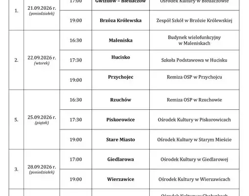 Harmonogram zebrań wiejskich w gminie Leżajsk – wrzesień 2026