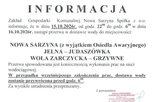 Przerwa w dostawie wody w Nowej Sarzynie i okolicach – noc z 15 na 16 października