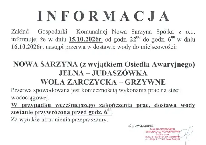 Przerwa w dostawie wody w Nowej Sarzynie i okolicach – noc z 15 na 16 października